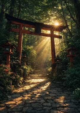 Torii Gate in Sunlit Forest