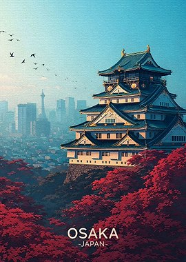 Osaka Castle with Red Maple Trees