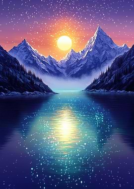 Pixel Art Mountain Lake at Sunset