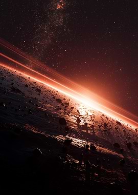 Cosmic Ringed Planet with Asteroids