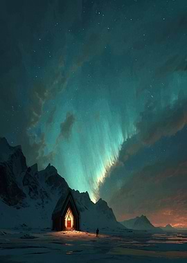 Aurora Borealis over a Snowy Cabin