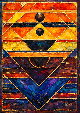 Abstract Geometric Oil Painting with Gold Accents