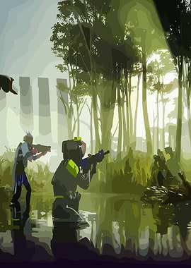 Soldiers in a swampy forest