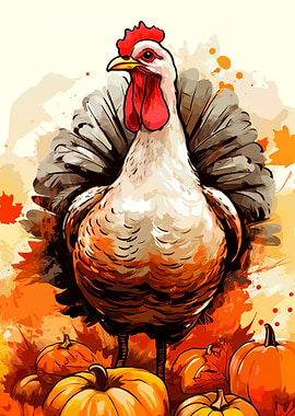 Thanksgiving Rooster and Pumpkins