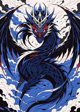Celestial Dragon Illustration — Blue, Black & Red Mythic Poster