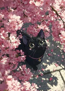 Black Cat Among Cherry Blossoms