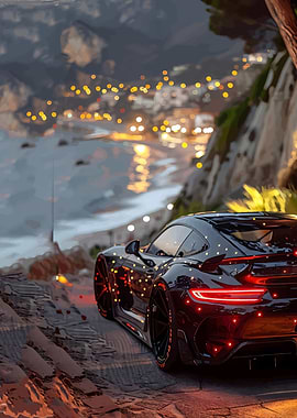 Black sports car on a cliffside road at night