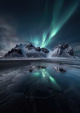 Aurora Borealis Over Snowy Mountains