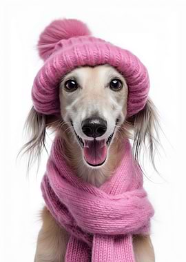 Cozy Saluki Dog in Pink Winter Hat and Scarf