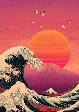 Pixel Art Great Wave with Sunset