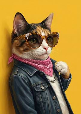 Cool Cat in Denim Jacket and Sunglasses