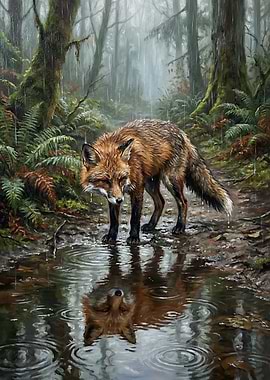 Fox in a Rainy Forest