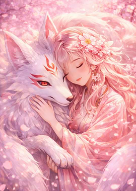 Anime Girl Hugging a White Fox