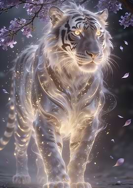 Ethereal White Tiger with Cherry Blossoms
