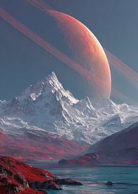 Alien Planet Landscape with Ringed Planet