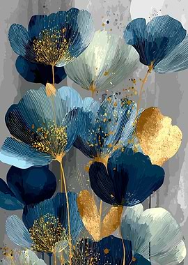 Abstract Floral Painting with Gold Accents