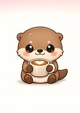 Cute Otter Holding Coffee Cup