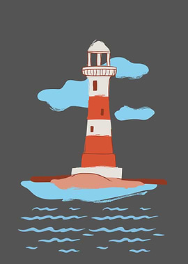 Lighthouse on an island with clouds and sea