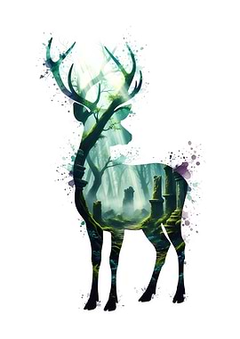Enchanted Forest Deer green Silhouette