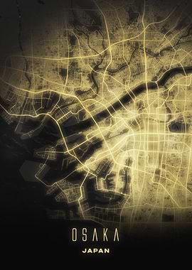 Osaka, Japan - Luminous Night City Streets Map, Wall Art Poster