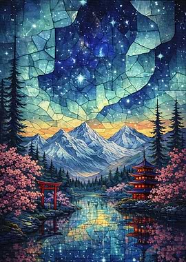 Japanese Landscape with Starlit Sky