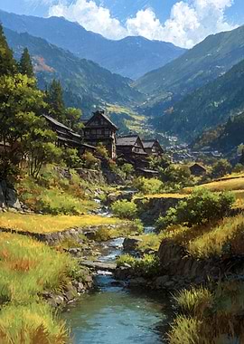 Japanese Mountain Village Landscape