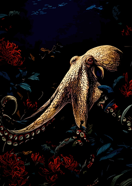 Octopus amidst dark floral background