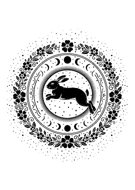 Black Rabbit with Floral Moon Cycle