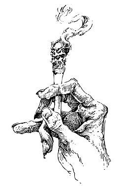 Hand holding burning cigarette with skull