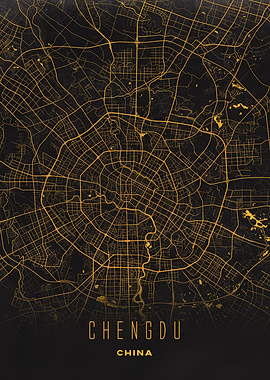 Chengdu, China - Golden City Streets Rings Map, Wall Art