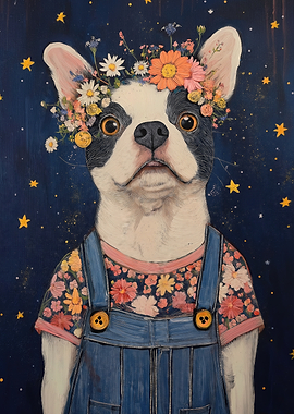 Boston Terrier Dog with Flower Crown and Overalls