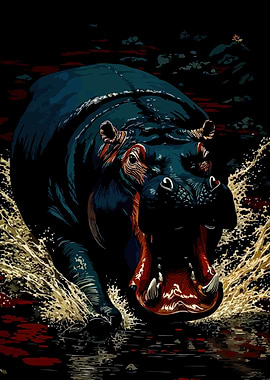 Aggressive Hippo Charging Through Water