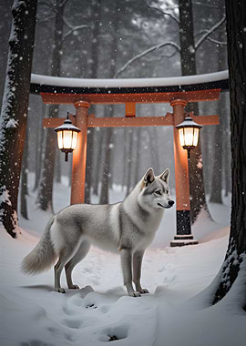 Wolf in Snowy Forest with Torii Gate