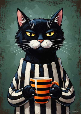 Black Cat with Coffee Mug