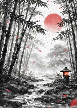 Misty Bamboo Forest with Red Sun