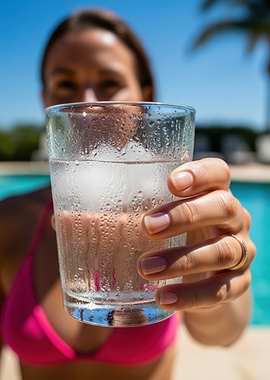 Woman holding a glass of water by the pool