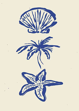 Blue Seashell, Palm Leaf, and Starfish Illustration