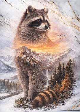 Raccoon in Snowy Mountain Landscape