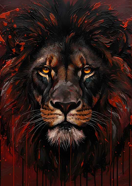 Dark Lion Portrait with Red Splatter
