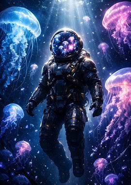 Astronaut surrounded by bioluminescent jellyfish in space