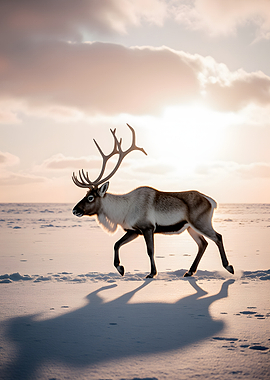 Reindeer walking in snowy landscape at sunset