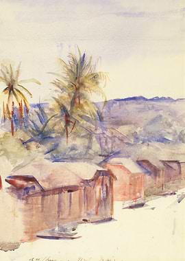 Tropical Village Scene with Palm Trees