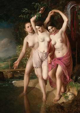 Three Nude Women by a Stream