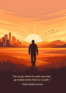 Man walking towards sunset with city skyline