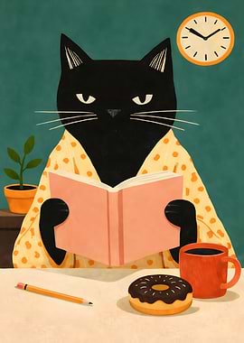 Black Cat Reading a Book