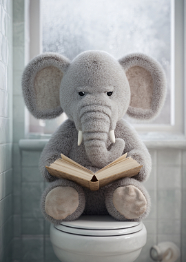 Plush Elephant Reading on Toilet
