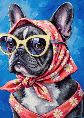French Bulldog with Scarf and Sunglasses