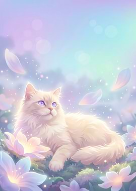 Dreamy Fluffy Cat in Pastel Garden