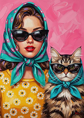 Woman and Cat with Scarves and Sunglasses