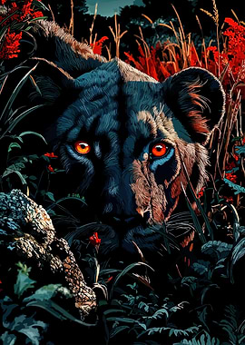 Black Panther with Glowing Eyes in Jungle